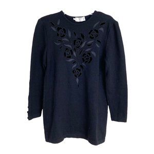 Vintage Valentino pullover sweater wool made in Italy Velvet Floral SZ 6 black